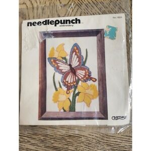 Needlepunch Embroidery Kit Craftways Bufferfly With Daffodils Needle Punch Vtg